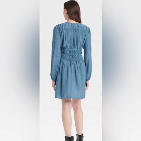 Universal Thread Women's Long Sleeve Smocked Ruffle Mini A-Line Dress Blue - Picture 2 of 6